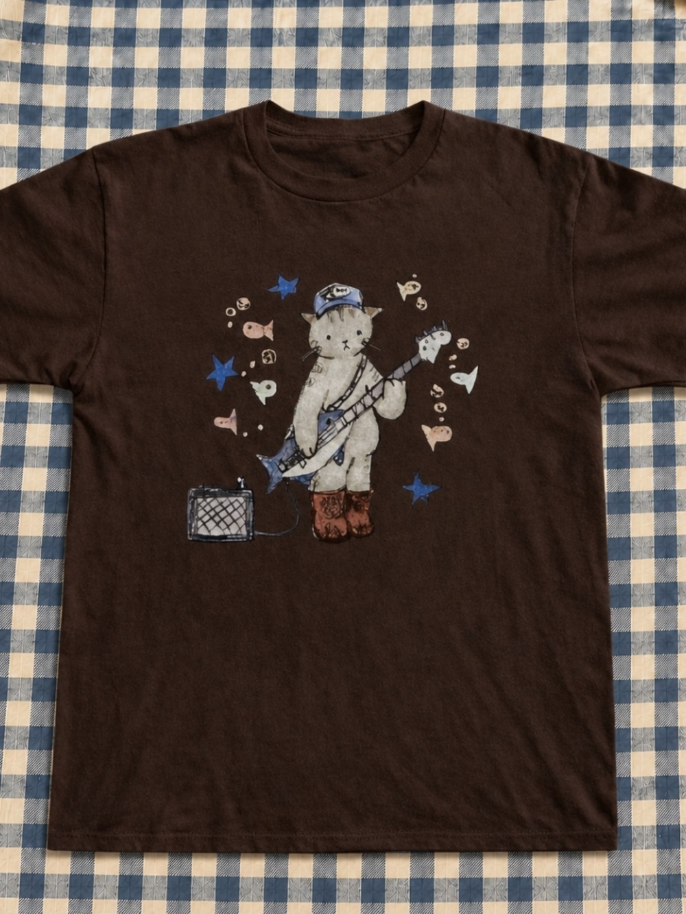 Dark Choco Graphic Tee with Cat Guitar Print